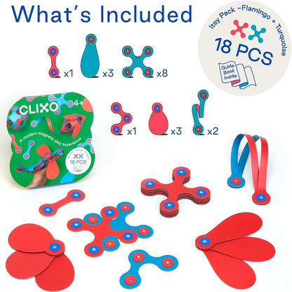 Clixo Construction Default Clixo: Itsy Magnetic Building Pack - Flamingo/Turquoise (18 pcs)