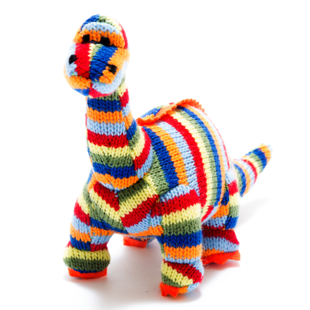 Rainbow Striped Diplodocus Knitted Dino Rattle