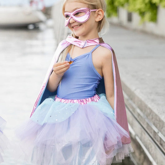 Great Pretenders Dress Up Outfits Default Super Duper Tutu, Cape & Mask - Metallic Pink & Light Blue (Size 4-6 yrs)