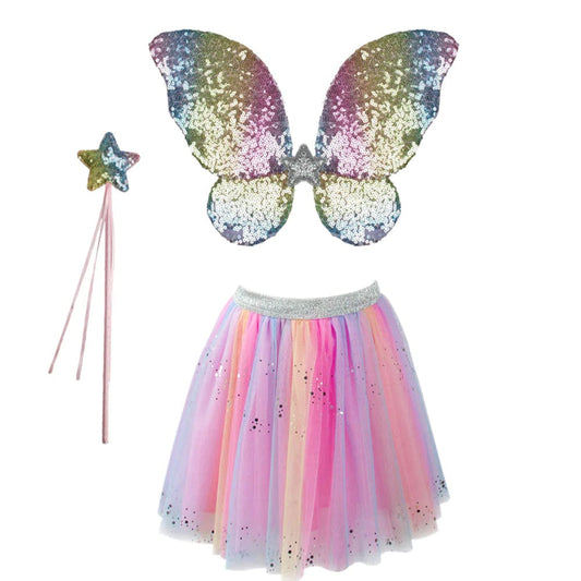 Great Pretenders Dress Up Outfits Rainbow Sequins Skirt, Wings & Wand Set (Size 4-6)