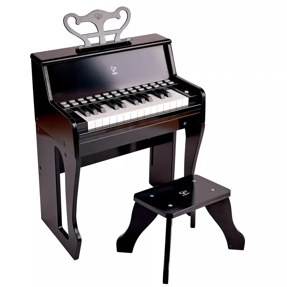 Hape Music Learn with Lights Black Piano w/ Stool