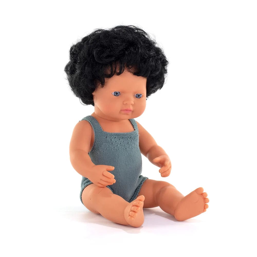 Miniland Dolls Default Baby Doll Caucasian Boy - Curly Black Hair (Lead Romper)