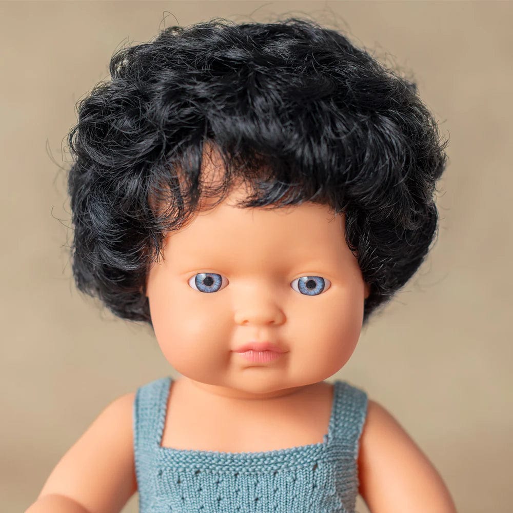 Miniland Dolls Default Baby Doll Caucasian Boy - Curly Black Hair (Lead Romper)