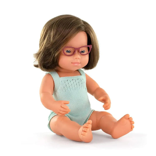 Miniland Dolls Default Baby Doll Caucasian Girl w/ Down Syndrome with Glasses (Turquoise Romper)