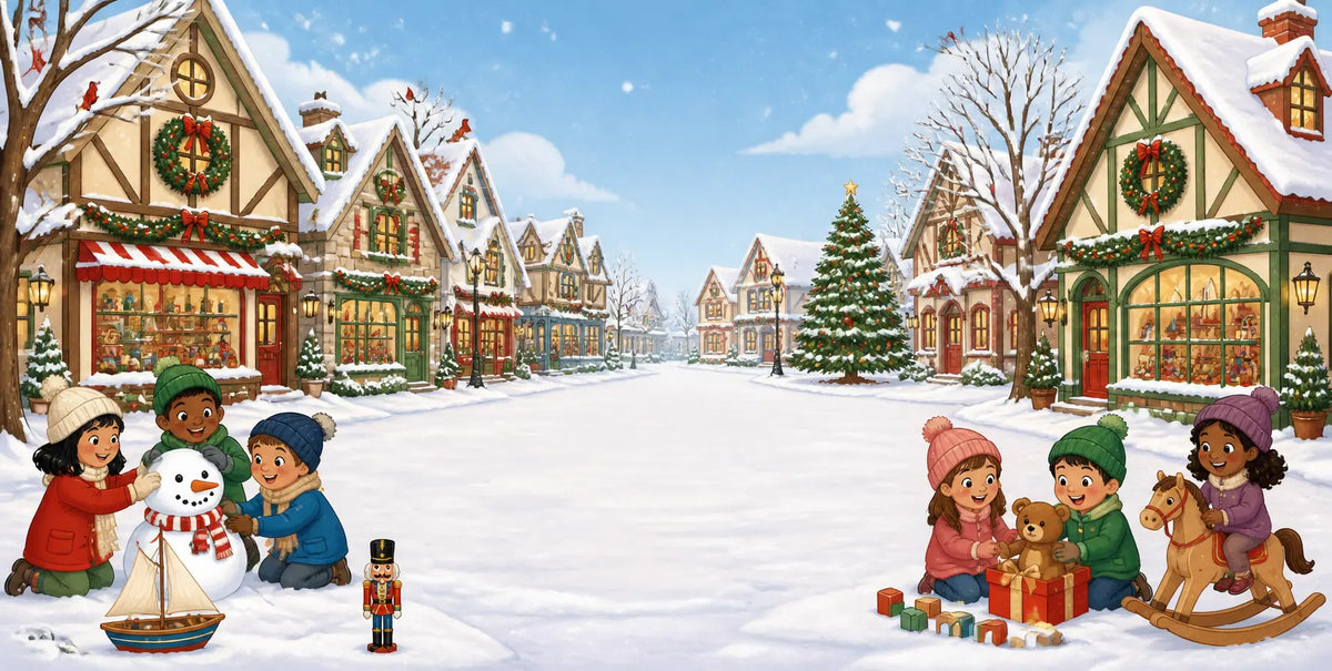 Illustrated snowy village street with kids playing with wooden toys, a sled, and wrapped gifts